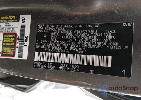 2008 Toyota Tundra Base 5.7L V8 z USA, uszkodzony, nr VIN 5TFEV541X8X043349